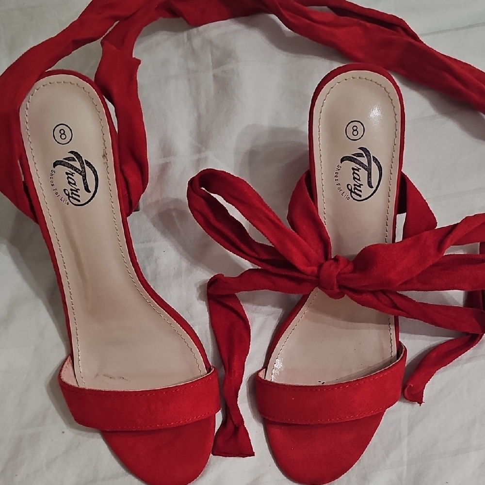 Trary Red Stiletto Heels with Ankle Straps